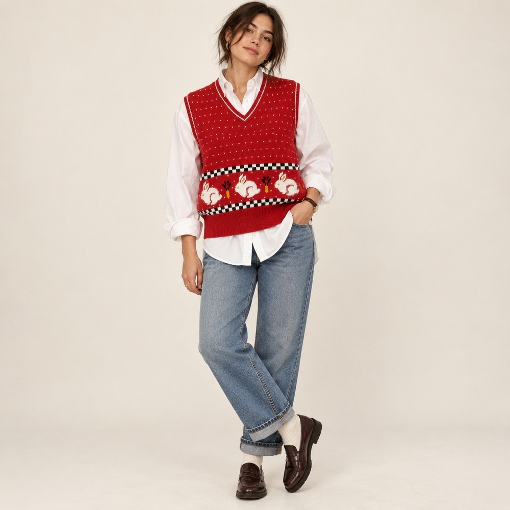 Vintage Karen Scott Rabbit Sweater Vest Red Bunny Novelty Knit NWT L Angora